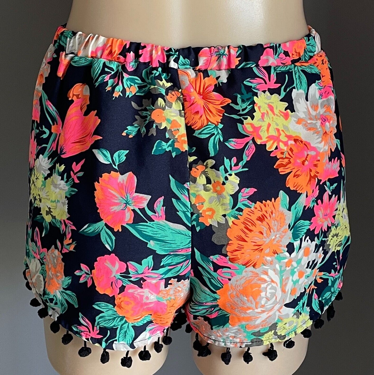 ICE FASHION Wrap Shorts Black Multicoloured Floral Elastic Waist Pom Pom Sz L 10