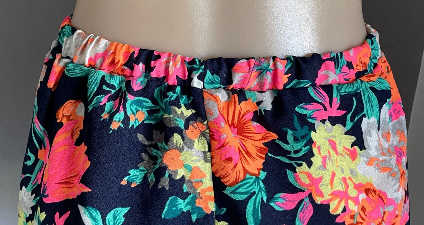 ICE FASHION Wrap Shorts Black Multicoloured Floral Elastic Waist Pom Pom Sz L 10