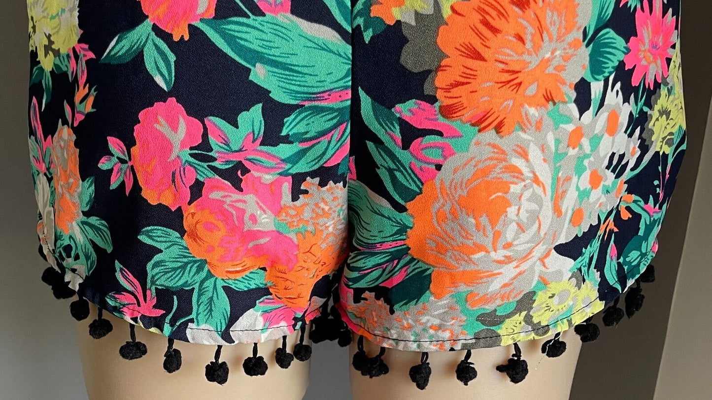 ICE FASHION Wrap Shorts Black Multicoloured Floral Elastic Waist Pom Pom Sz L 10