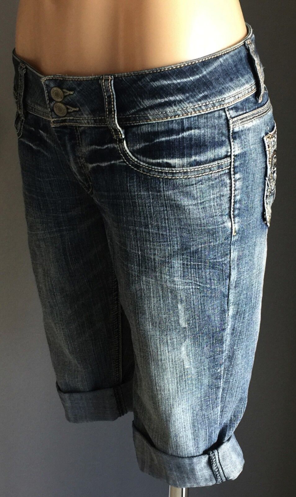 MOSSIMO SUPPLY CO Shorts Hipster Blue Denim  Skinny Long Leg Whiskers Size 9  10