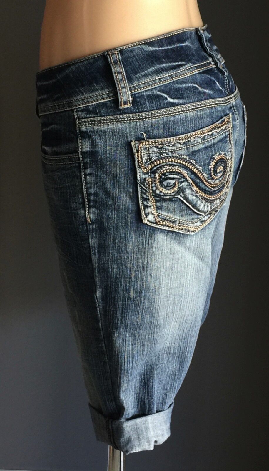 MOSSIMO SUPPLY CO Shorts Hipster Blue Denim  Skinny Long Leg Whiskers Size 9  10