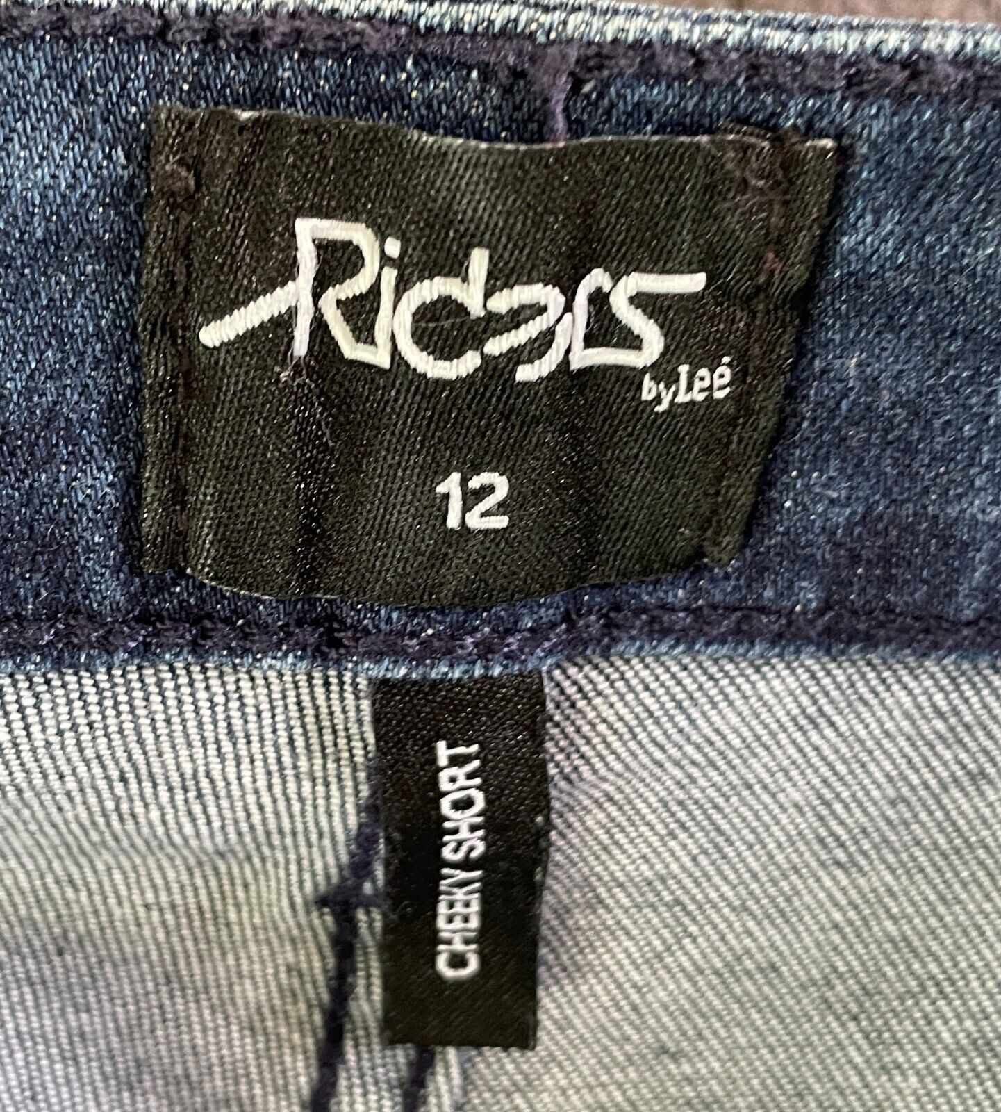 RIDERS by LEE Shorts Mid Blue Denim "Cheeky" Size 12 Stretch Pockets NEW