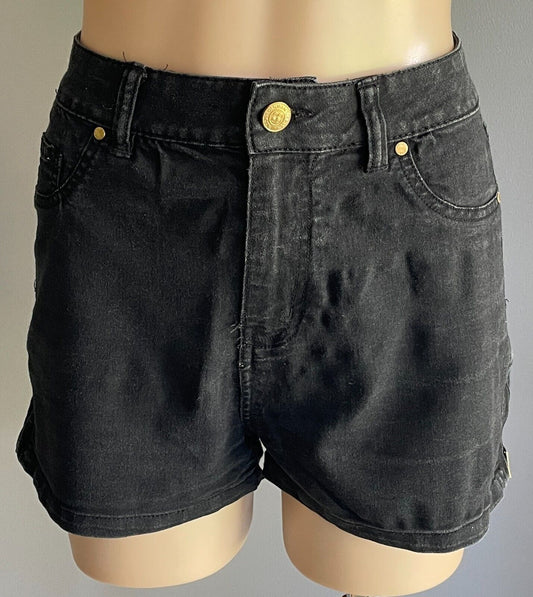 FACTORIE Shorts Black Denim Side Zip Hem Size 12 Stretch 5 Pocket Cut