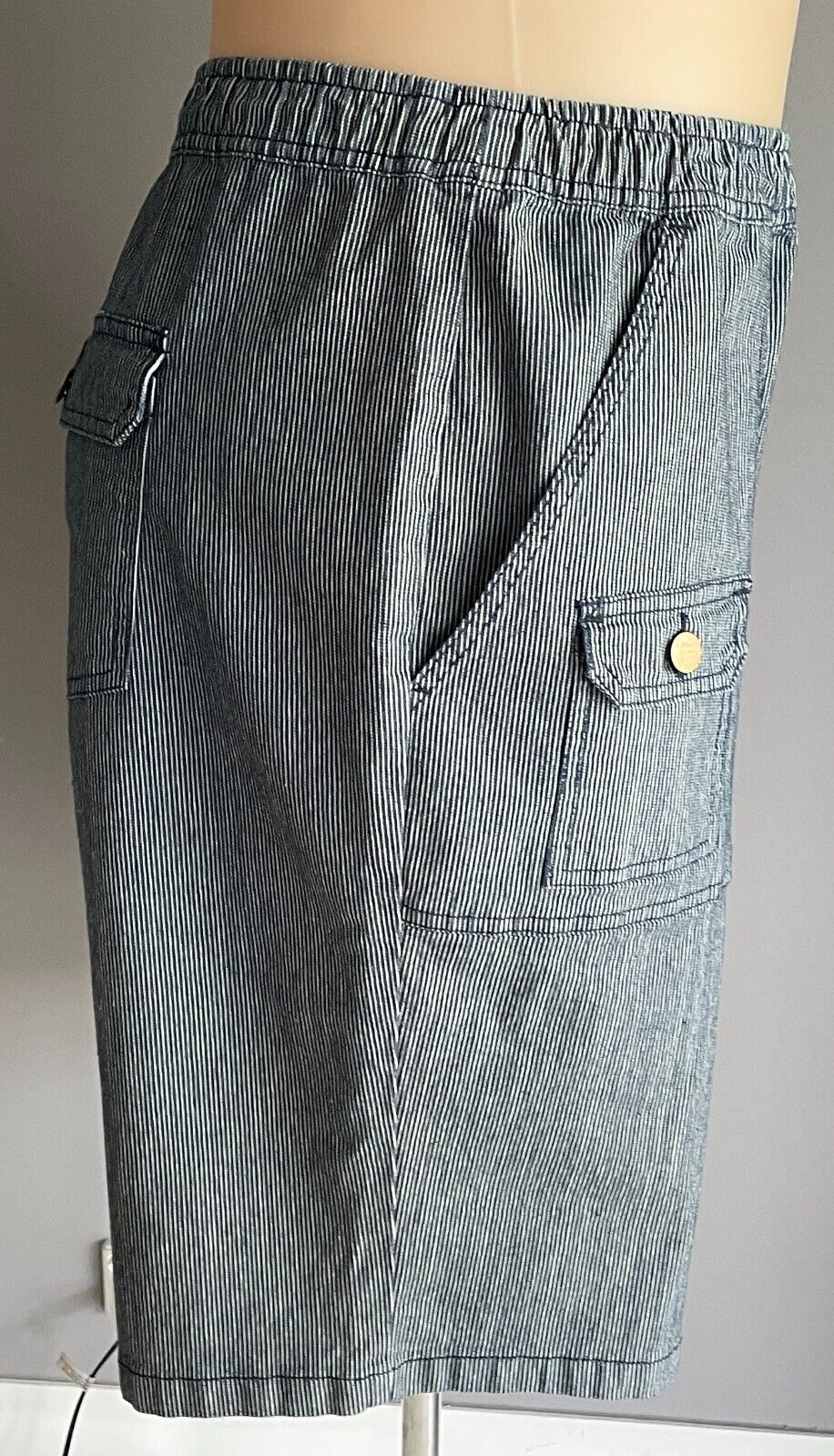 VICTORIA HILL Shorts Elastic Waist Navy & White Stripe Size Plus 28 Pockets