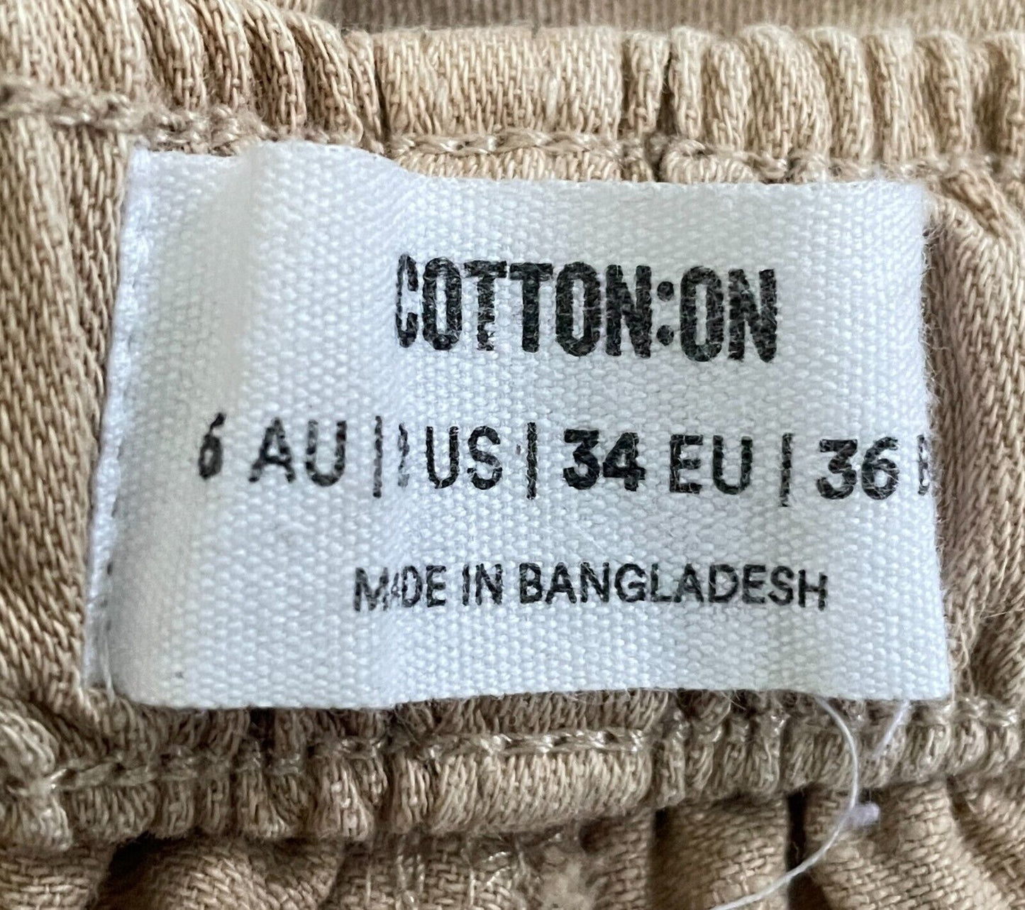 COTTON ON Pants Beige Chino Elastic Waist Cotton Fabric Heavy Linen Look Size 6