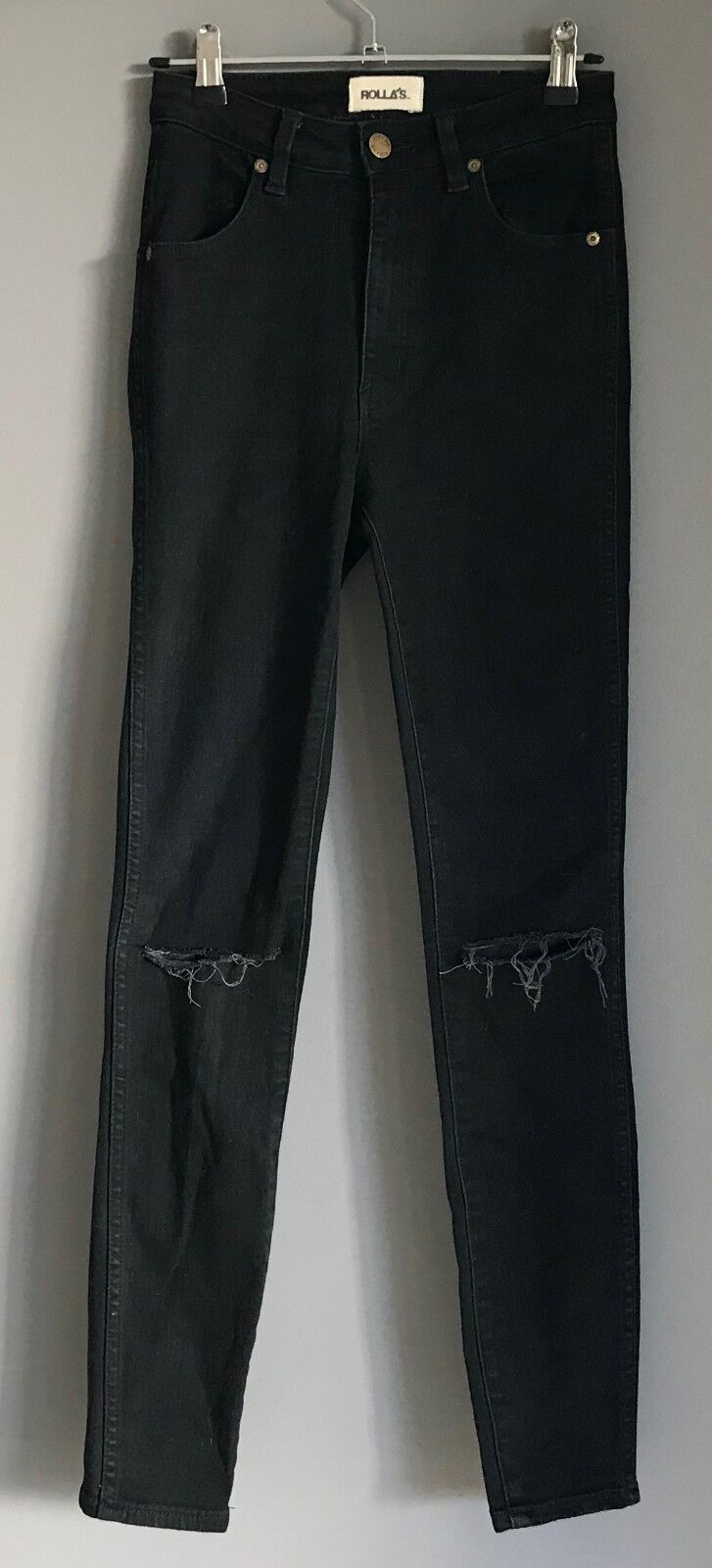 ROLLA'S "Westcoast" Jeans Ripped Knee Skinny Black Denim Size 25R 7R ROLLAS