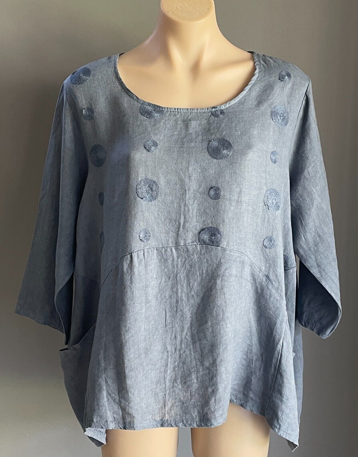 Blue 3/4 Sleeve A-Line Blouse Linen Size 18 Dip Hem Pockets Top Made in Italy