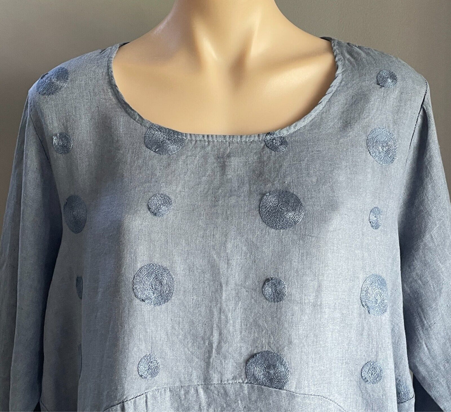 Blue 3/4 Sleeve A-Line Blouse Linen Size 18 Dip Hem Pockets Top Made in Italy