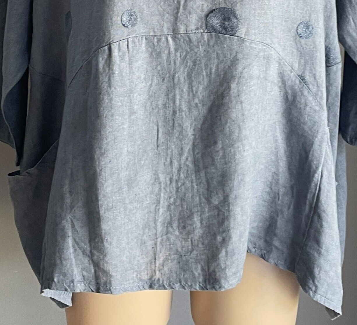 Blue 3/4 Sleeve A-Line Blouse Linen Size 18 Dip Hem Pockets Top Made in Italy