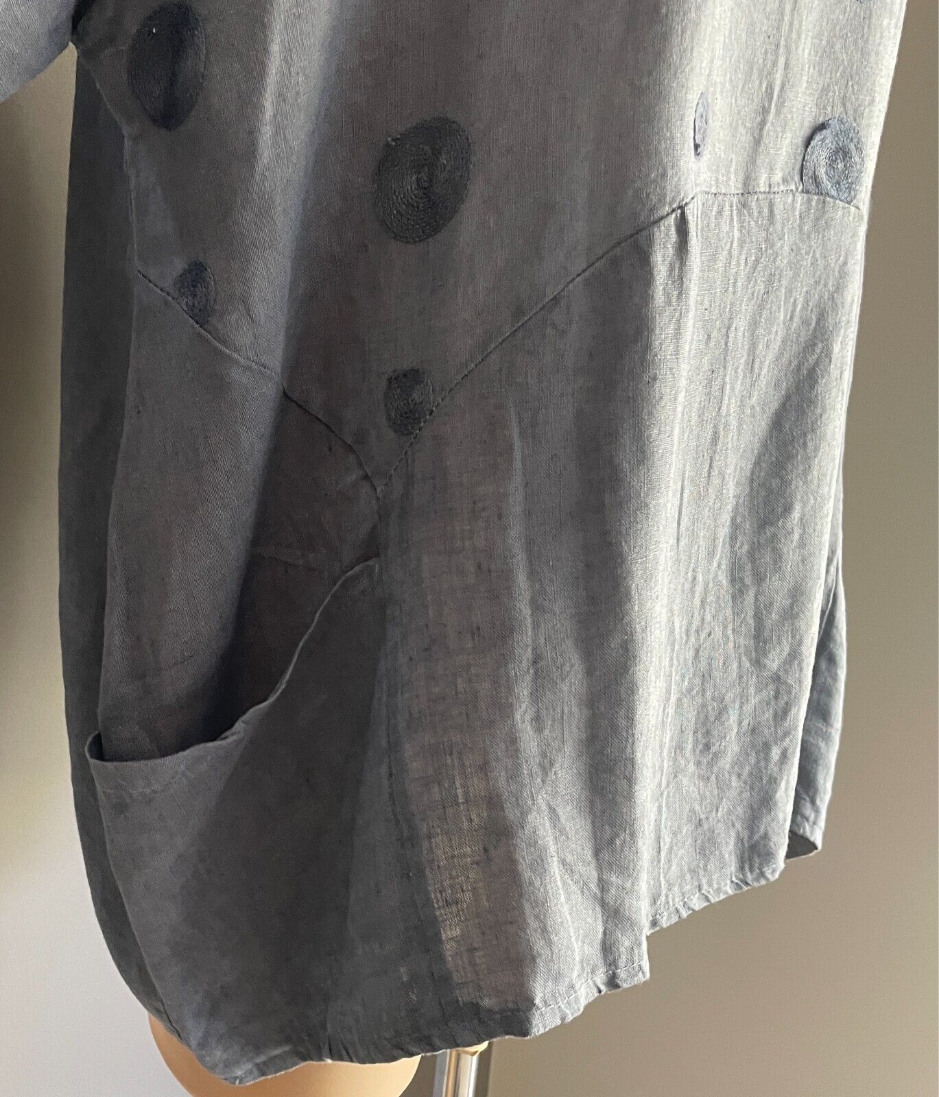 Blue 3/4 Sleeve A-Line Blouse Linen Size 18 Dip Hem Pockets Top Made in Italy