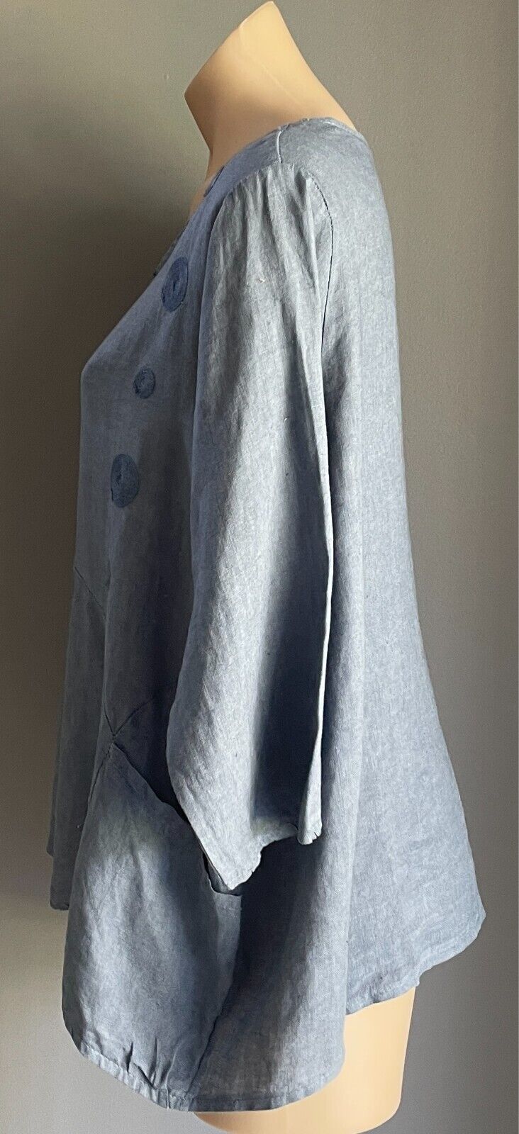 Blue 3/4 Sleeve A-Line Blouse Linen Size 18 Dip Hem Pockets Top Made in Italy