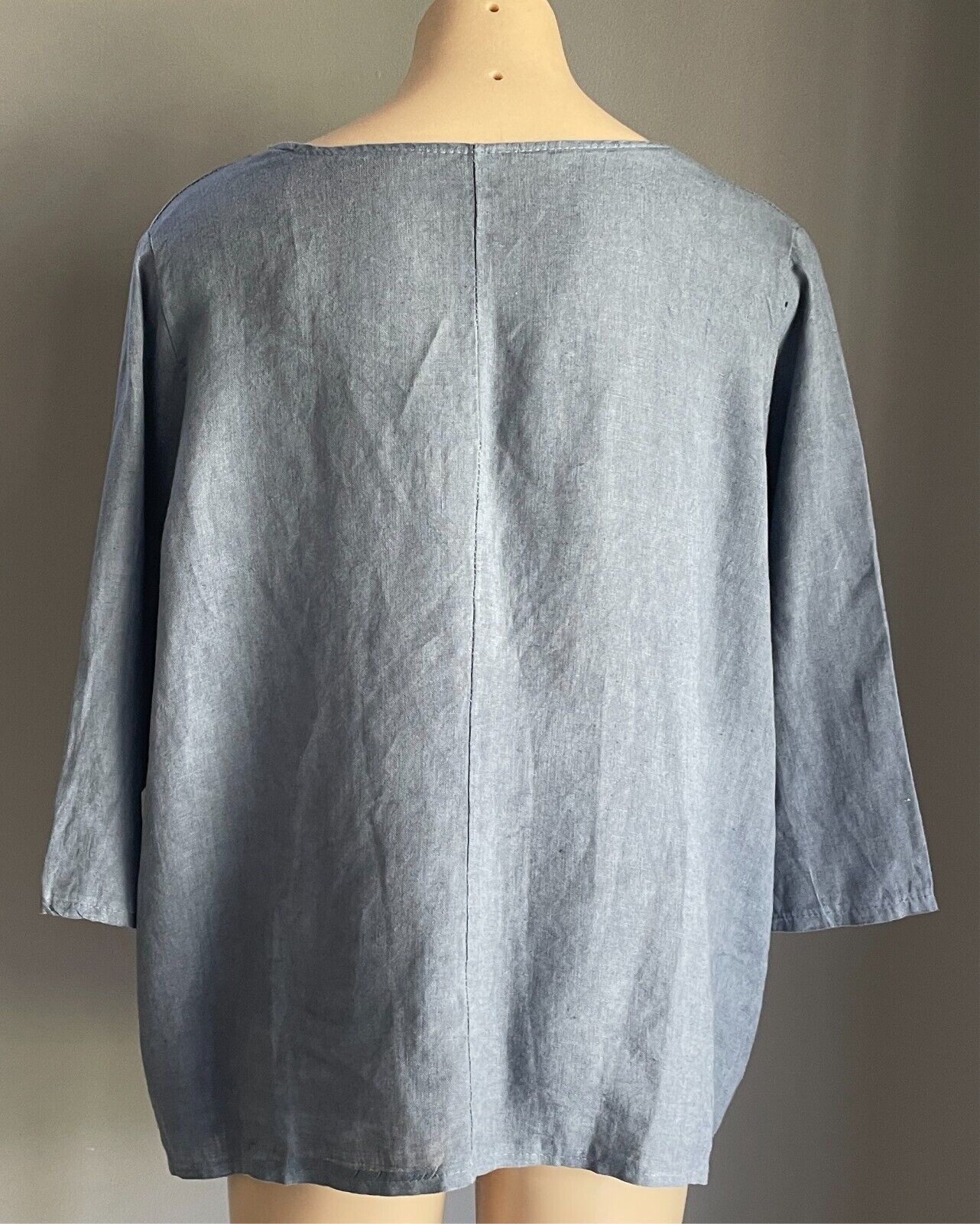 Blue 3/4 Sleeve A-Line Blouse Linen Size 18 Dip Hem Pockets Top Made in Italy