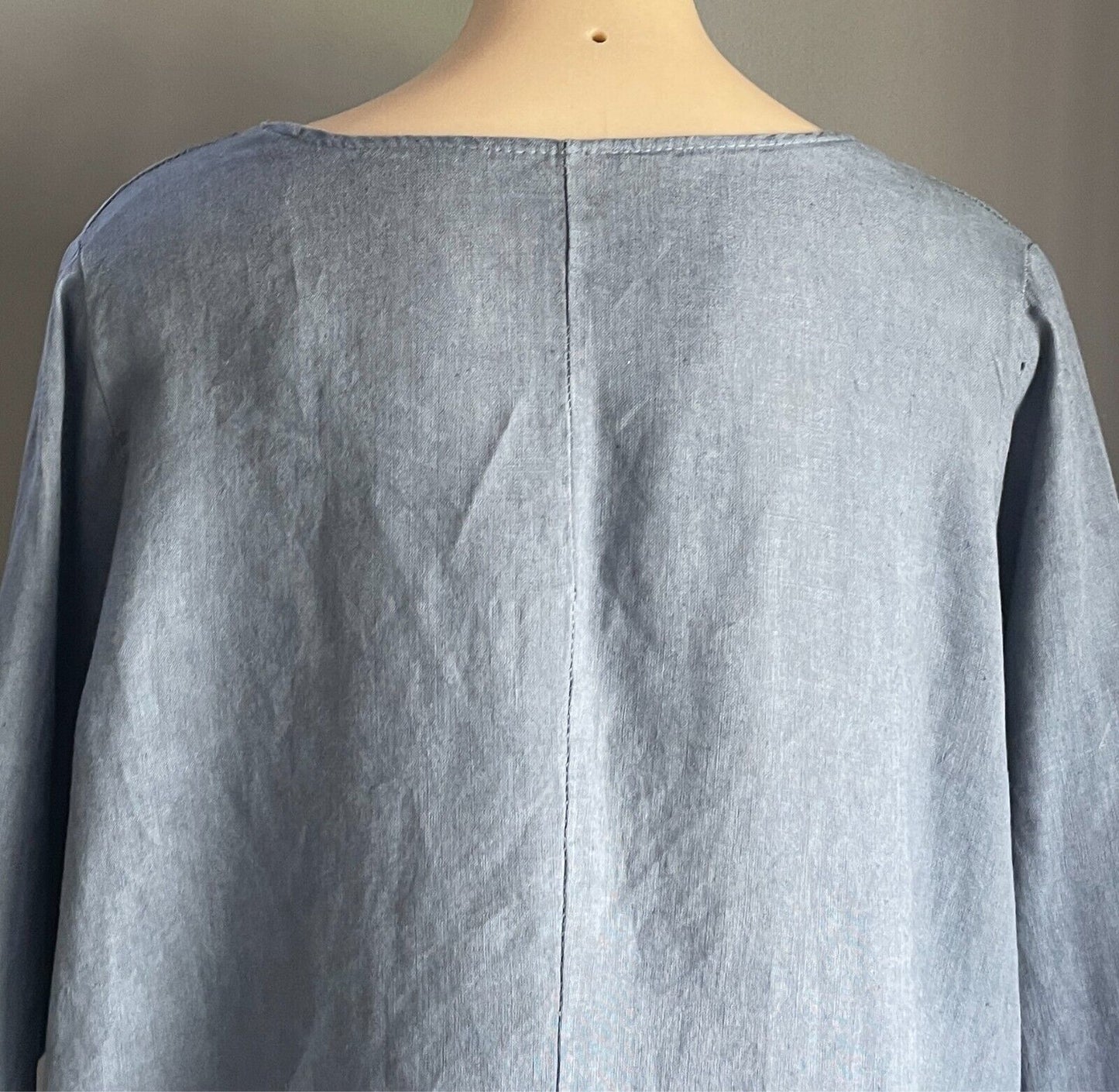 Blue 3/4 Sleeve A-Line Blouse Linen Size 18 Dip Hem Pockets Top Made in Italy