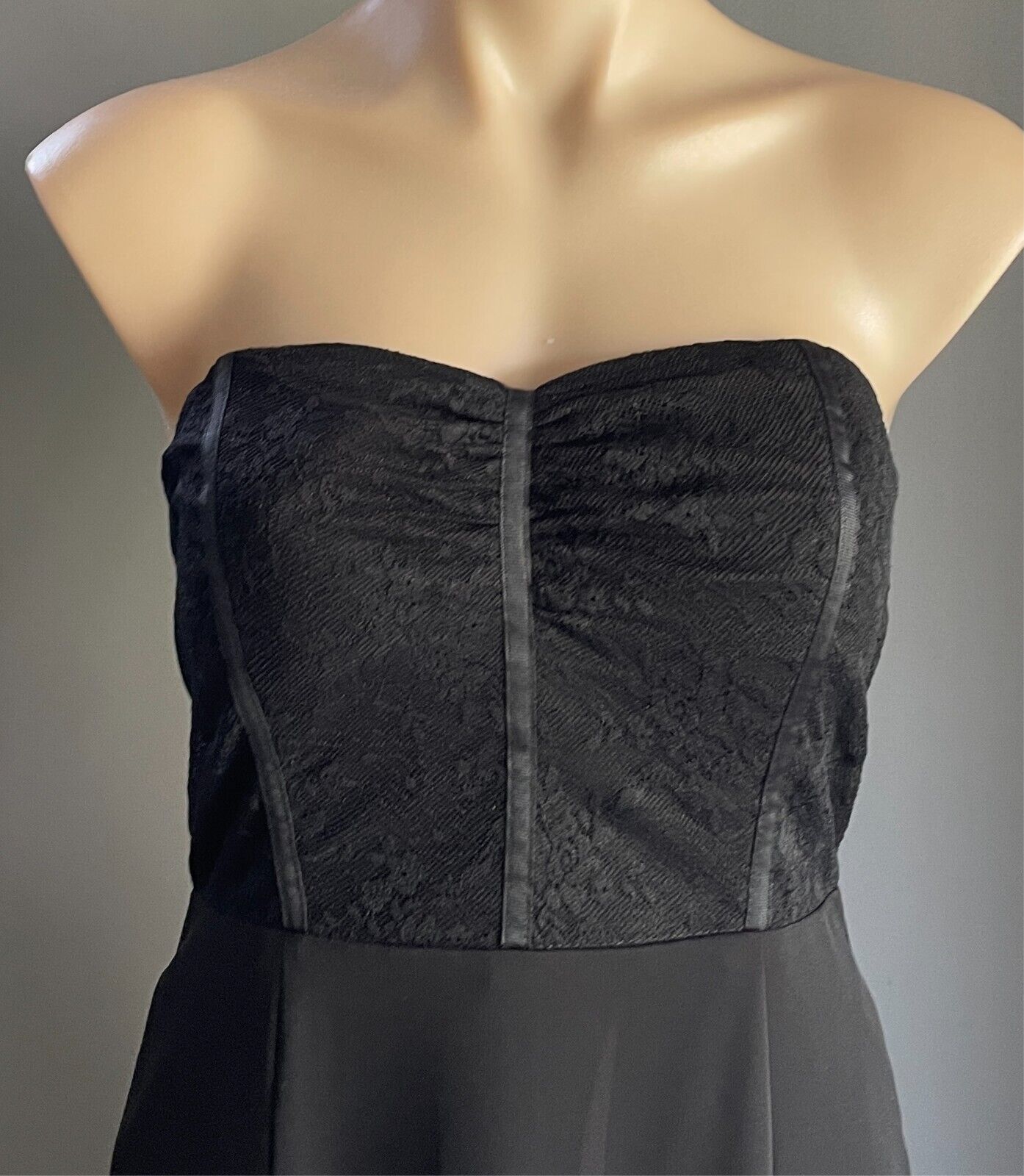 SWEAT POT Gown Dress  Black Strapless Lace Bodice Size 12 A-Line Long Slit Front