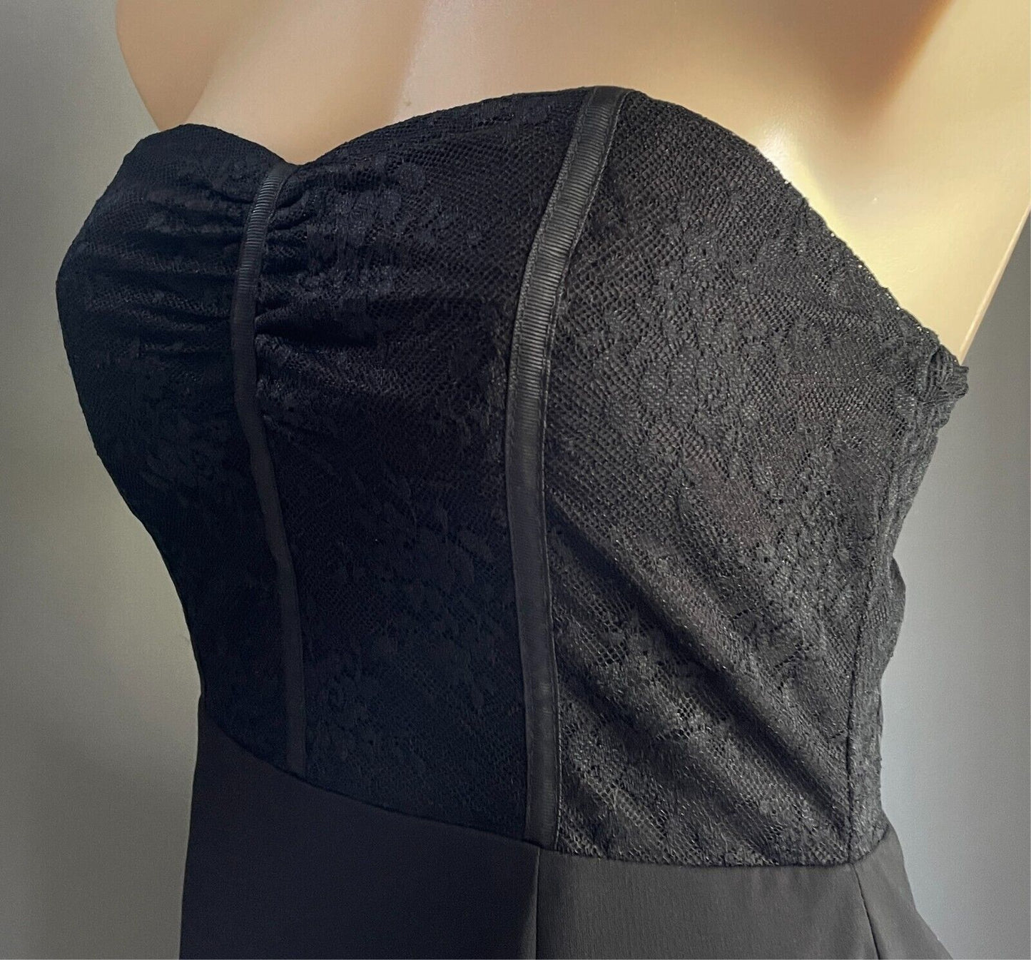 SWEAT POT Gown Dress  Black Strapless Lace Bodice Size 12 A-Line Long Slit Front