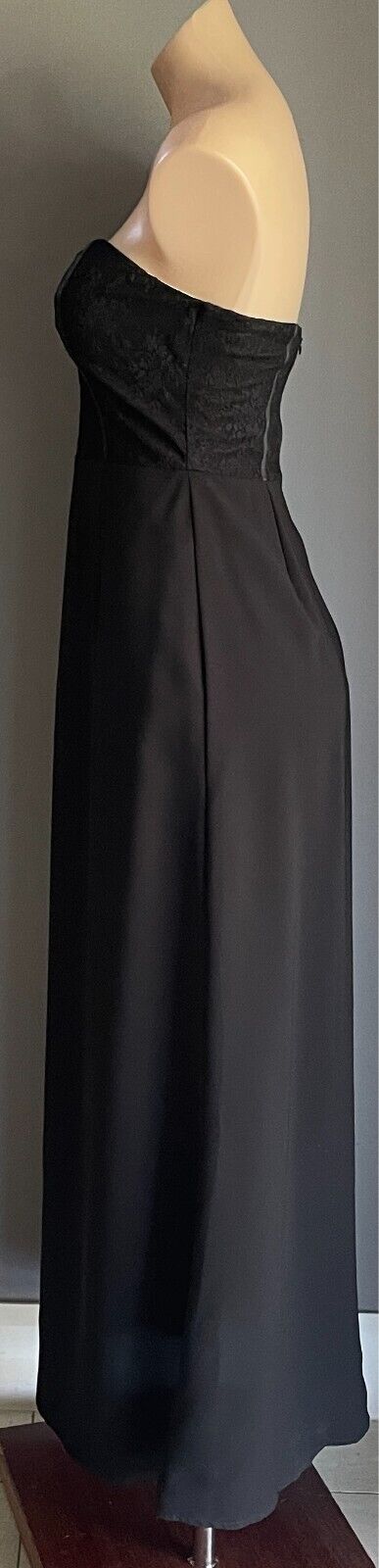 SWEAT POT Gown Dress  Black Strapless Lace Bodice Size 12 A-Line Long Slit Front