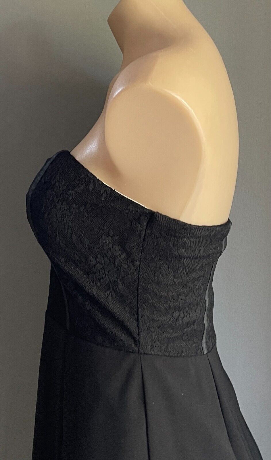 SWEAT POT Gown Dress  Black Strapless Lace Bodice Size 12 A-Line Long Slit Front