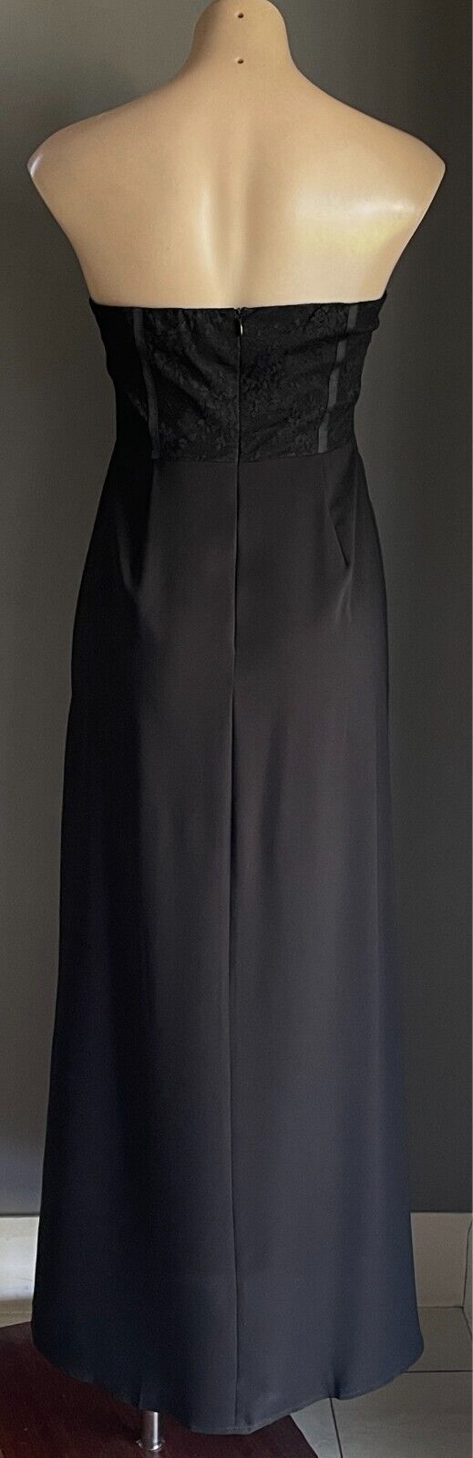 SWEAT POT Gown Dress  Black Strapless Lace Bodice Size 12 A-Line Long Slit Front