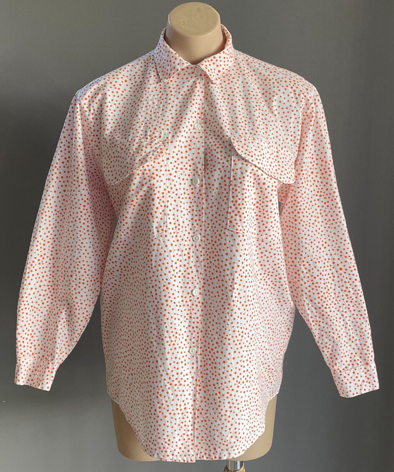 Cotton SHIRT BLOUSE White and Orange Polka Dots Size 8 Short Long Sleeves