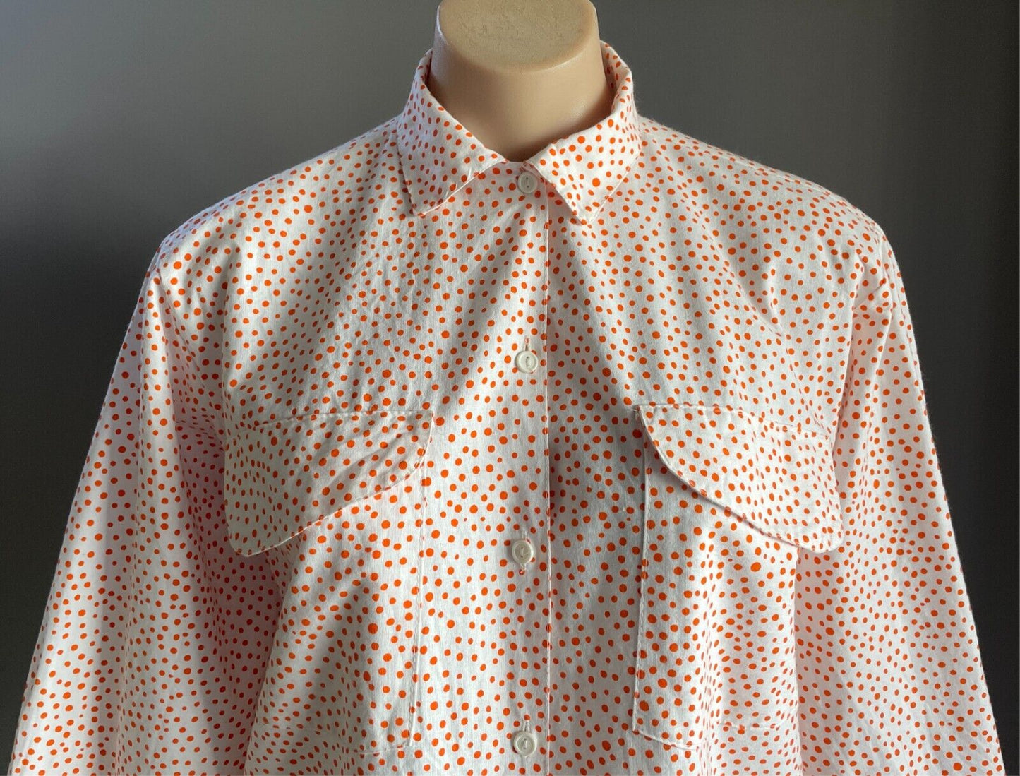 Cotton SHIRT BLOUSE White and Orange Polka Dots Size 8 Short Long Sleeves