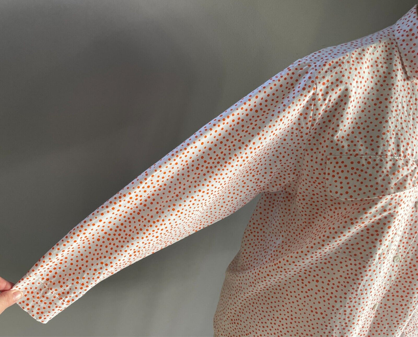 Cotton SHIRT BLOUSE White and Orange Polka Dots Size 8 Short Long Sleeves