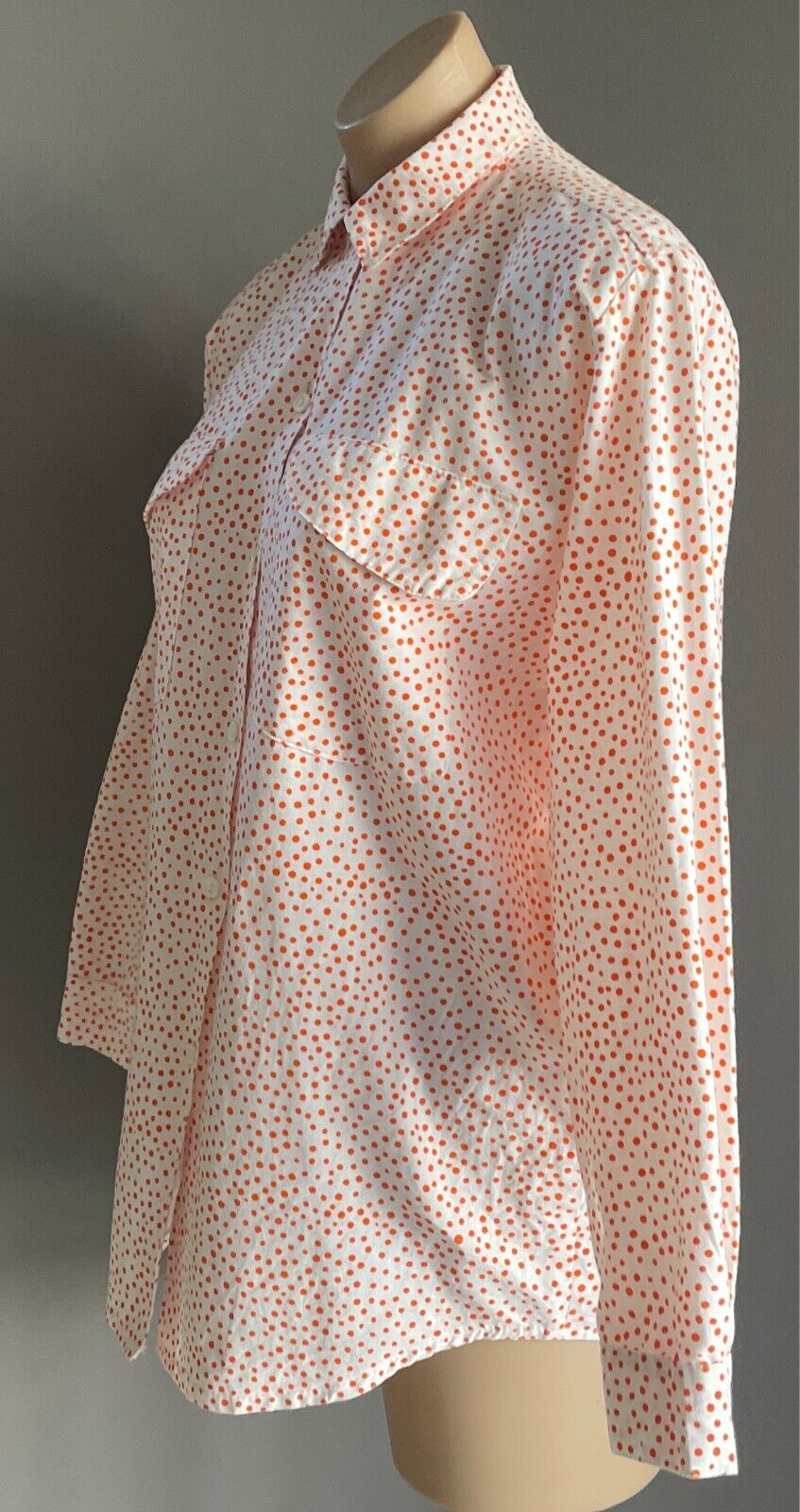 Cotton SHIRT BLOUSE White and Orange Polka Dots Size 8 Short Long Sleeves