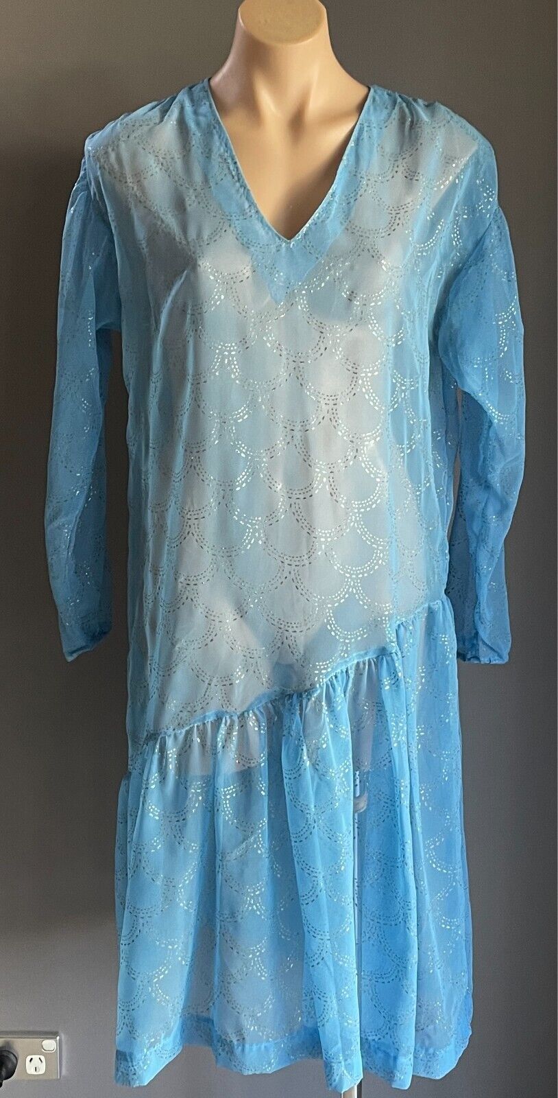 Vintage Dress Handmade Size 16 Blue Semi Sheer Glitter Print Drop Waist Midi