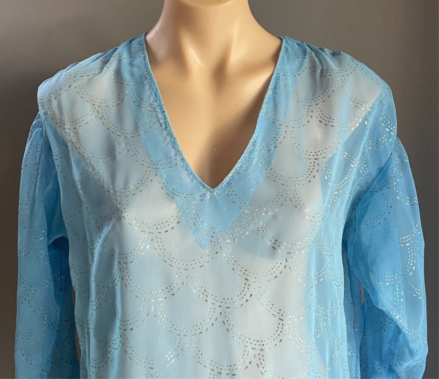 Vintage Dress Handmade Size 16 Blue Semi Sheer Glitter Print Drop Waist Midi