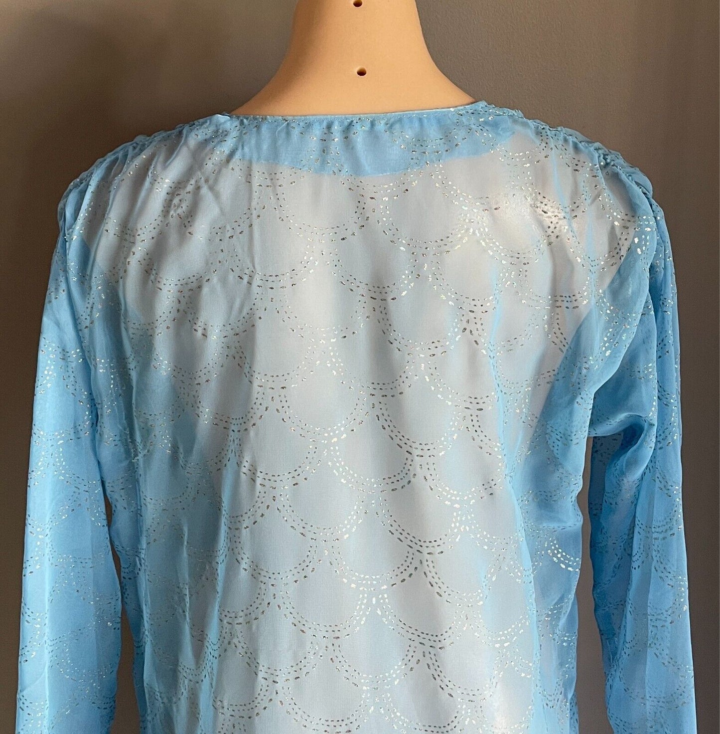 Vintage Dress Handmade Size 16 Blue Semi Sheer Glitter Print Drop Waist Midi