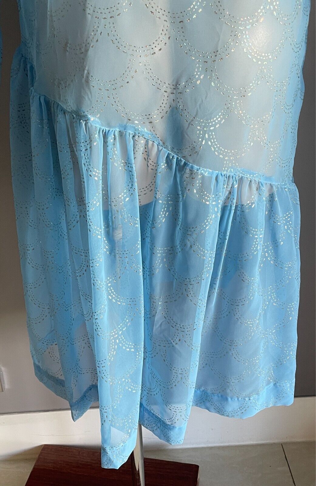 Vintage Dress Handmade Size 16 Blue Semi Sheer Glitter Print Drop Waist Midi