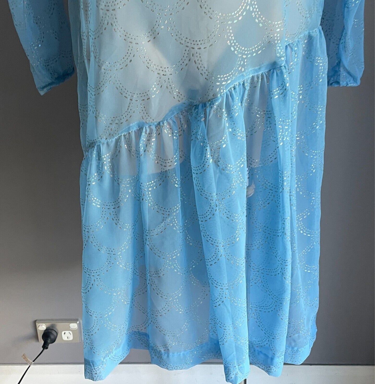 Vintage Dress Handmade Size 16 Blue Semi Sheer Glitter Print Drop Waist Midi