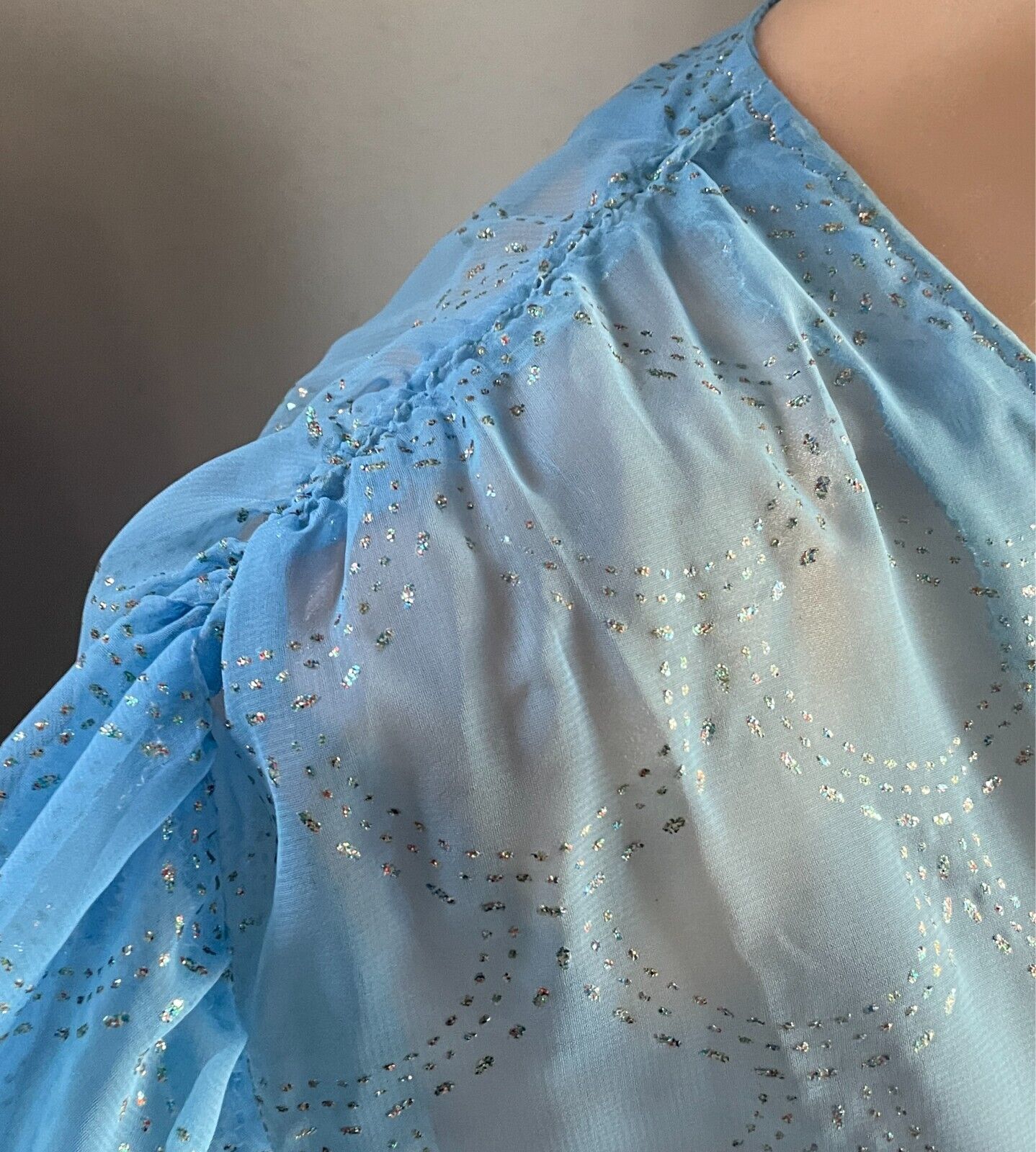 Vintage Dress Handmade Size 16 Blue Semi Sheer Glitter Print Drop Waist Midi