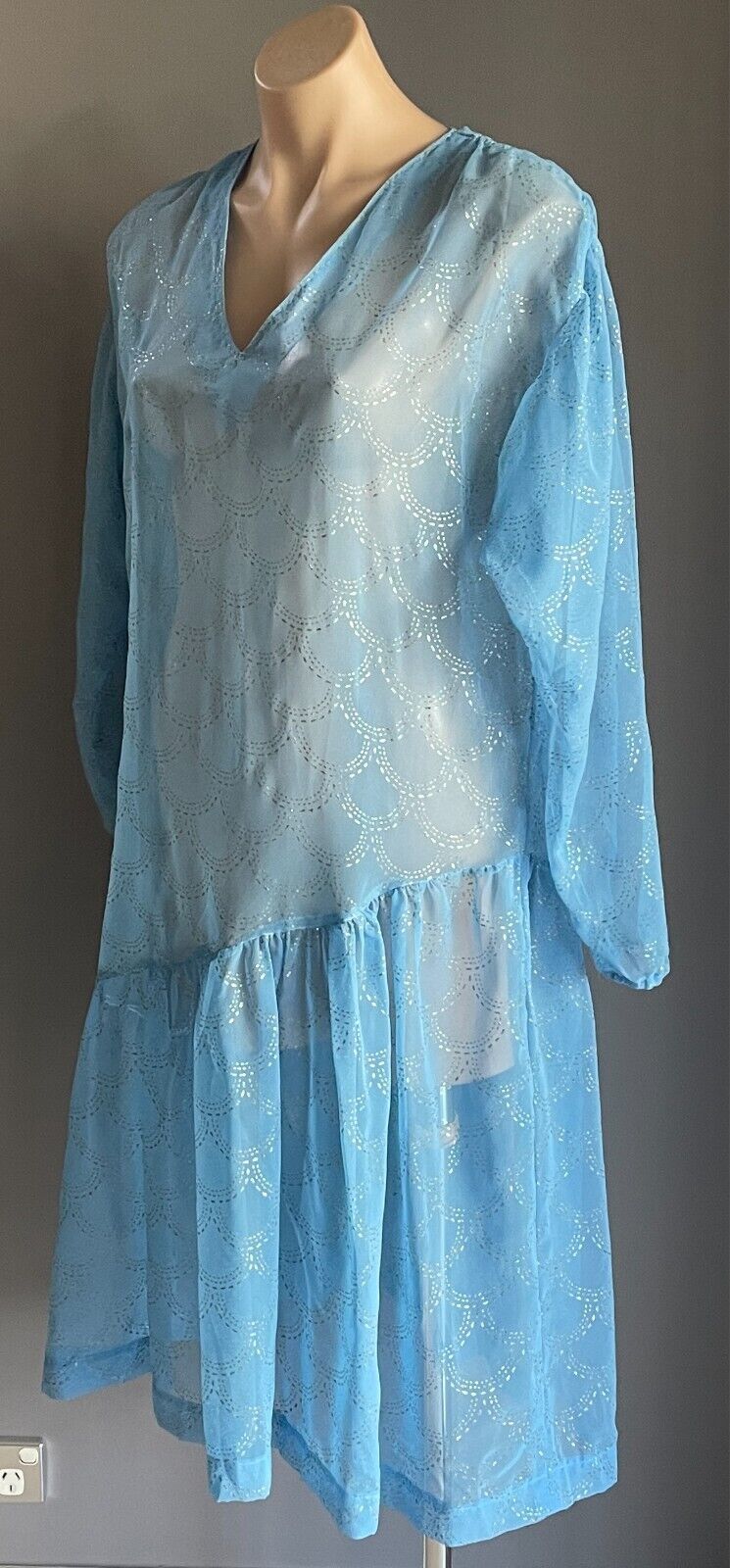Vintage Dress Handmade Size 16 Blue Semi Sheer Glitter Print Drop Waist Midi