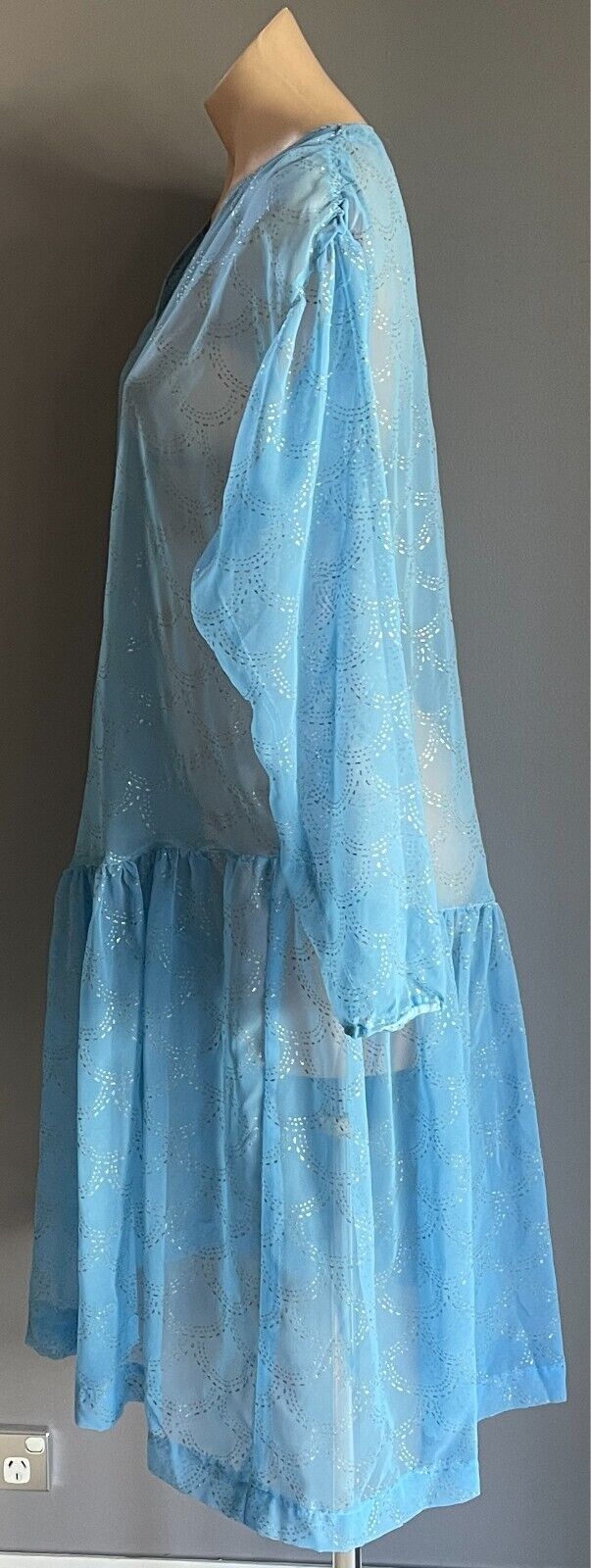 Vintage Dress Handmade Size 16 Blue Semi Sheer Glitter Print Drop Waist Midi