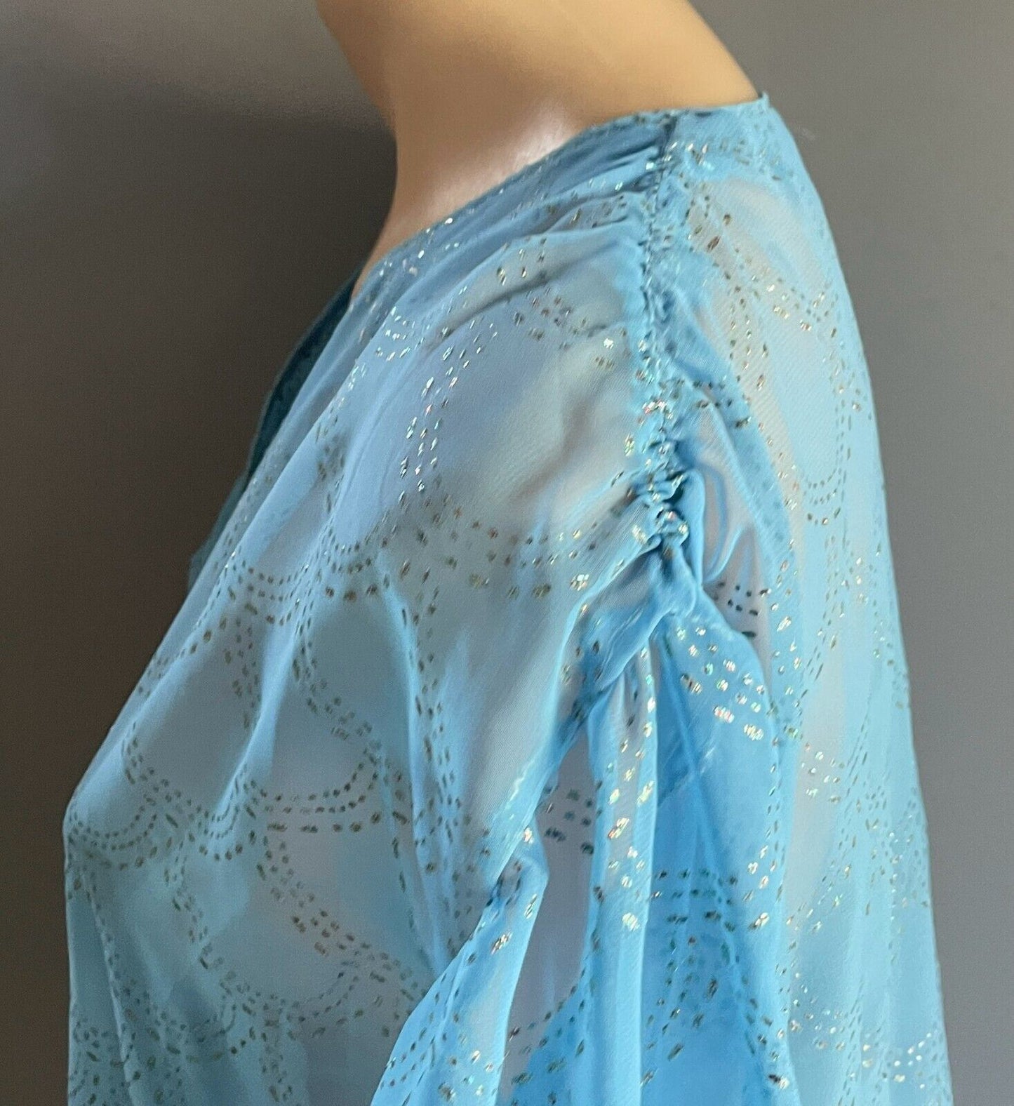 Vintage Dress Handmade Size 16 Blue Semi Sheer Glitter Print Drop Waist Midi