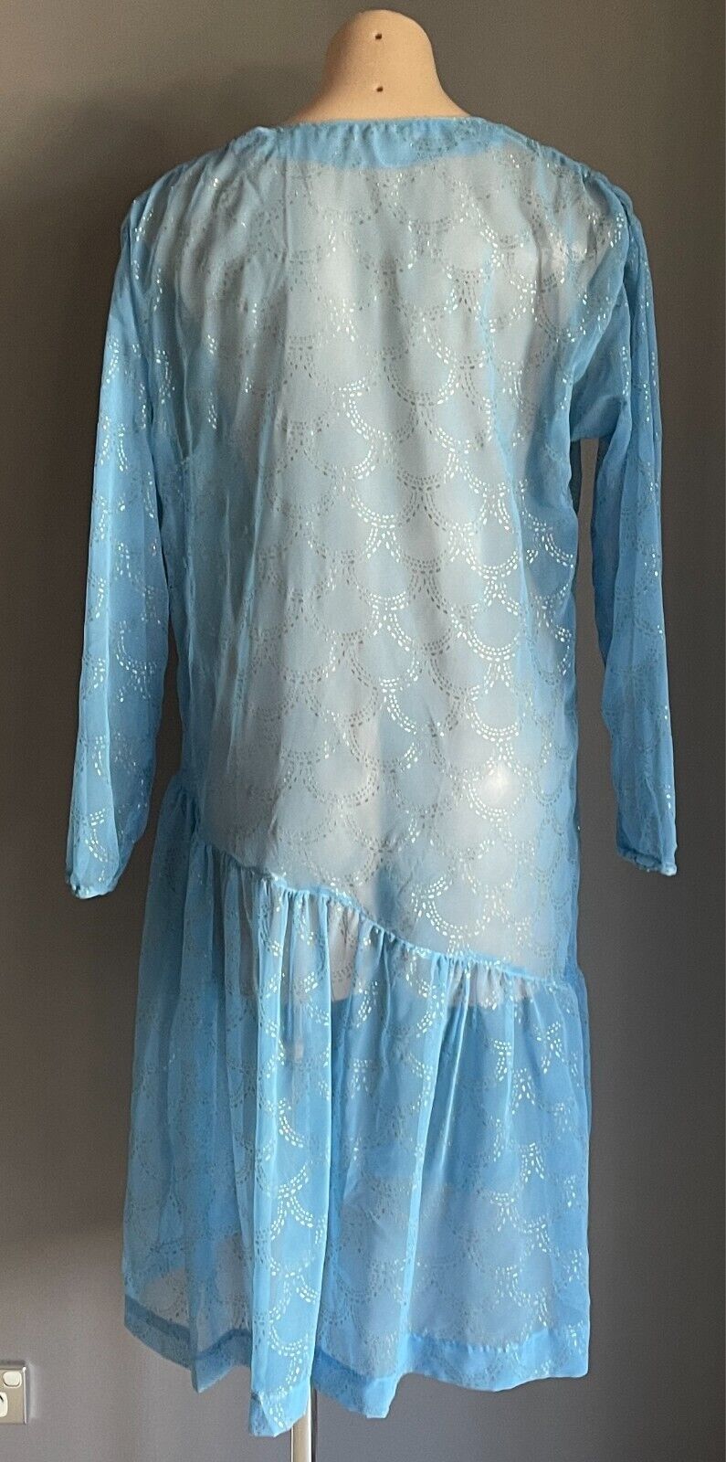 Vintage Dress Handmade Size 16 Blue Semi Sheer Glitter Print Drop Waist Midi