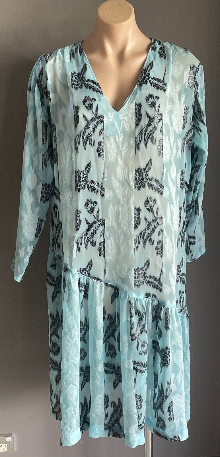 Vintage Dress Handmade Size 16 Blue & Black Print Semi Sheer Drop Waist Midi