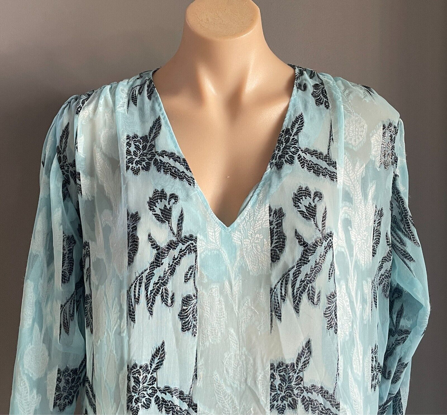 Vintage Dress Handmade Size 16 Blue & Black Print Semi Sheer Drop Waist Midi