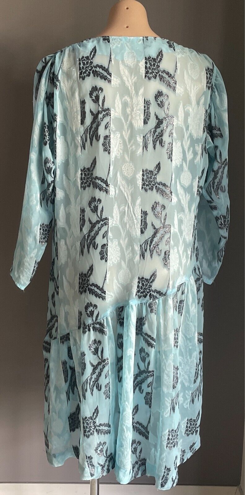 Vintage Dress Handmade Size 16 Blue & Black Print Semi Sheer Drop Waist Midi