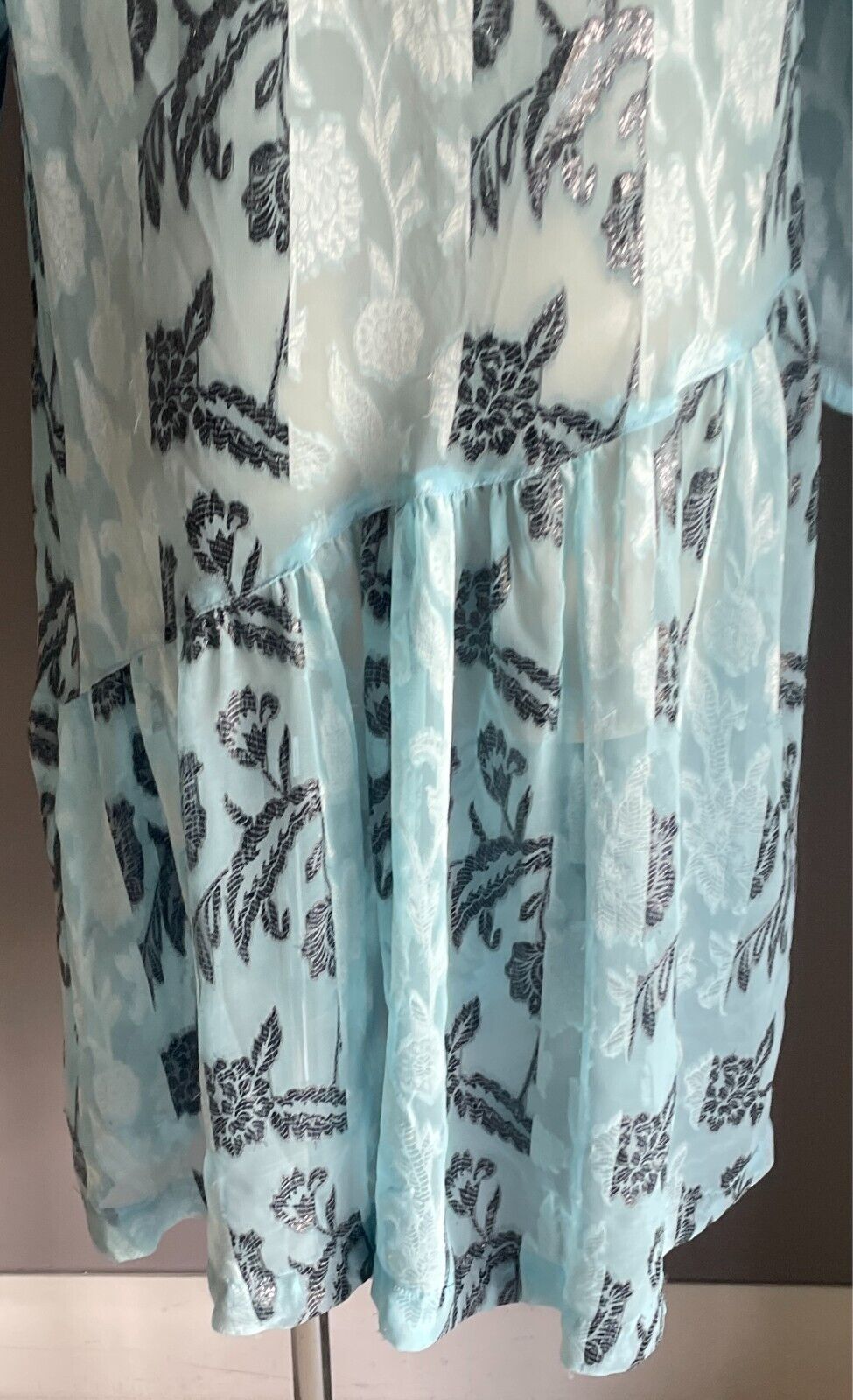 Vintage Dress Handmade Size 16 Blue & Black Print Semi Sheer Drop Waist Midi