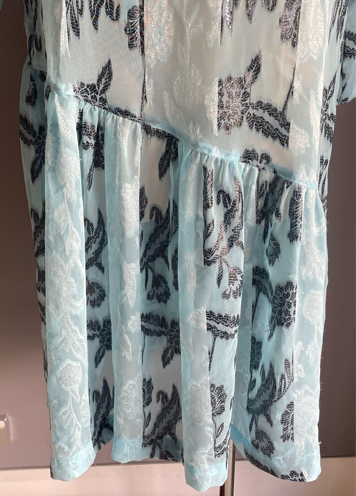 Vintage Dress Handmade Size 16 Blue & Black Print Semi Sheer Drop Waist Midi