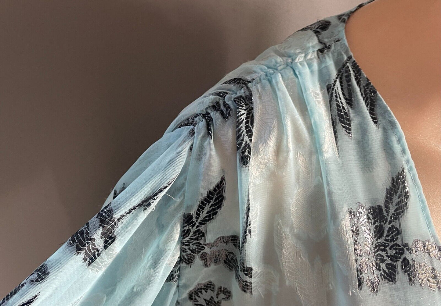 Vintage Dress Handmade Size 16 Blue & Black Print Semi Sheer Drop Waist Midi