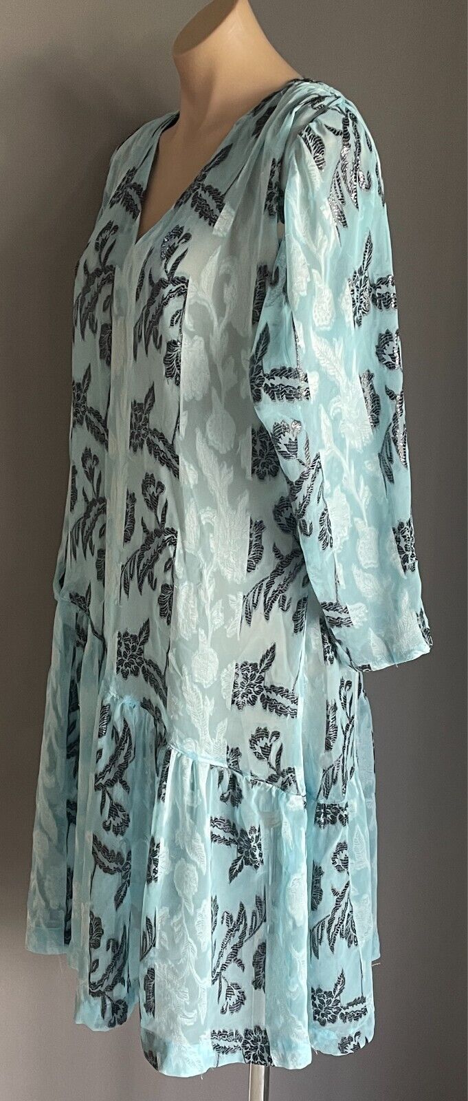 Vintage Dress Handmade Size 16 Blue & Black Print Semi Sheer Drop Waist Midi