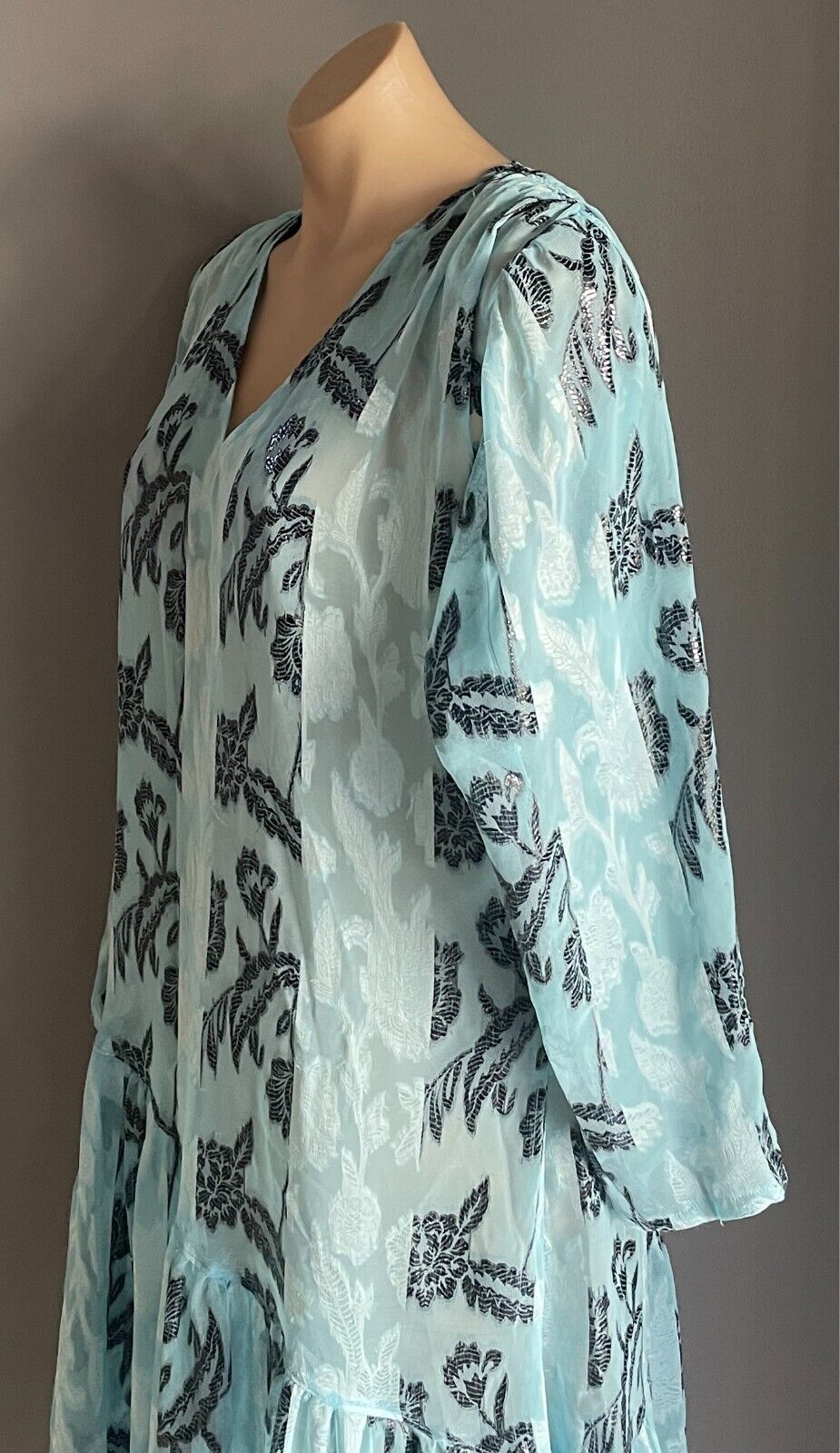 Vintage Dress Handmade Size 16 Blue & Black Print Semi Sheer Drop Waist Midi