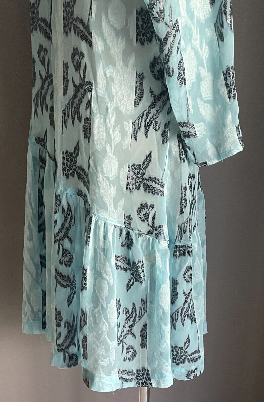Vintage Dress Handmade Size 16 Blue & Black Print Semi Sheer Drop Waist Midi