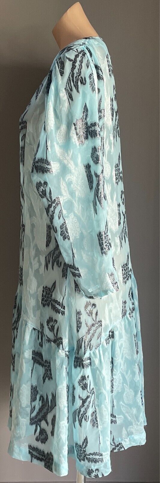 Vintage Dress Handmade Size 16 Blue & Black Print Semi Sheer Drop Waist Midi