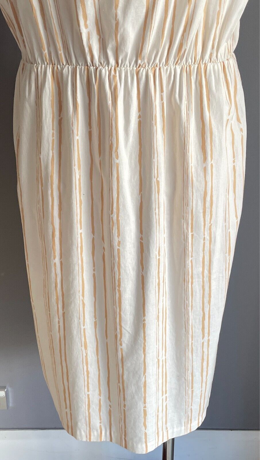 Vintage Dress White & Caramel Print Elastic Waist Sleeveless Size 14 Cotton