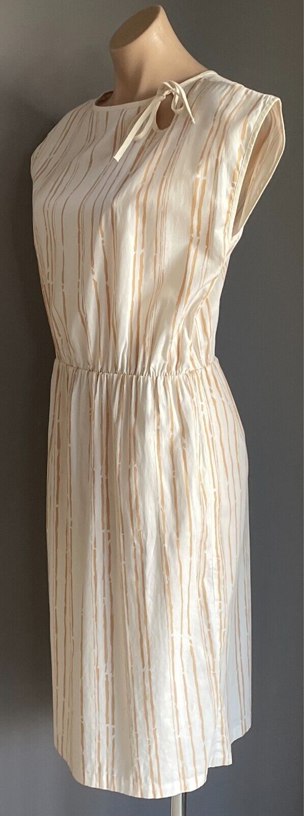 Vintage Dress White & Caramel Print Elastic Waist Sleeveless Size 14 Cotton