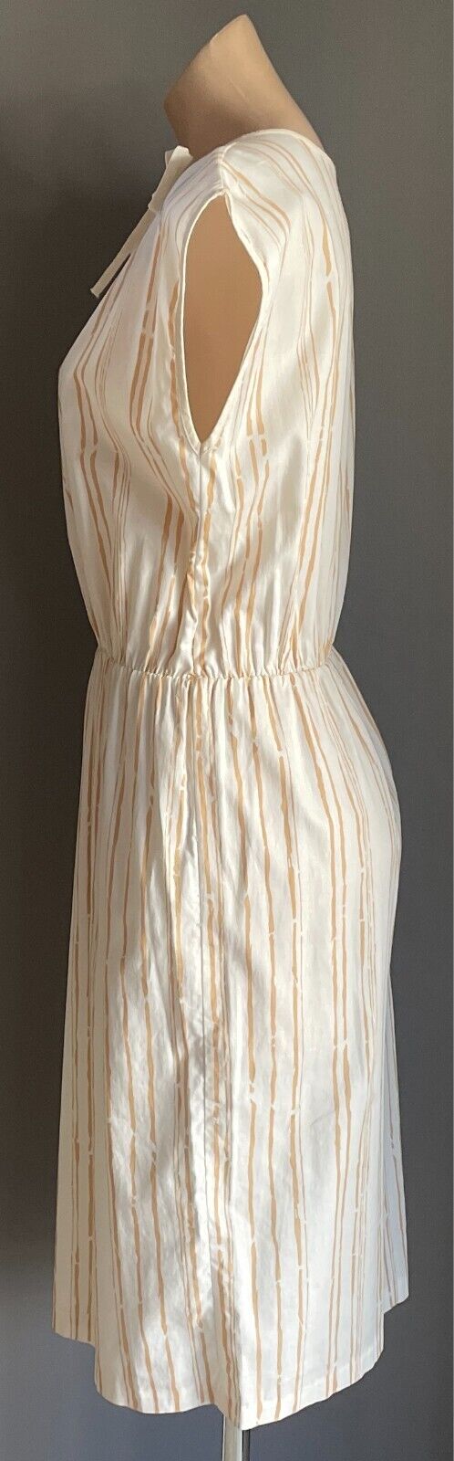 Vintage Dress White & Caramel Print Elastic Waist Sleeveless Size 14 Cotton