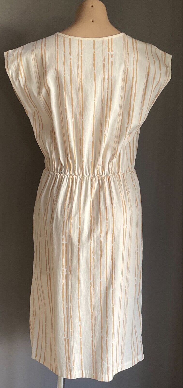 Vintage Dress White & Caramel Print Elastic Waist Sleeveless Size 14 Cotton